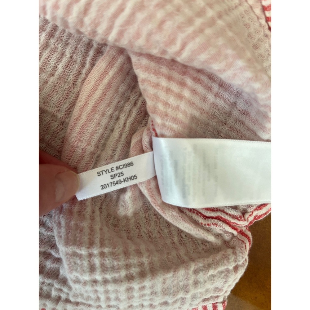 J. Crew Puff Sleeve Henley Top Red White Stripe Cropped Cotton Gauze Size Large - Picture 7 of 9